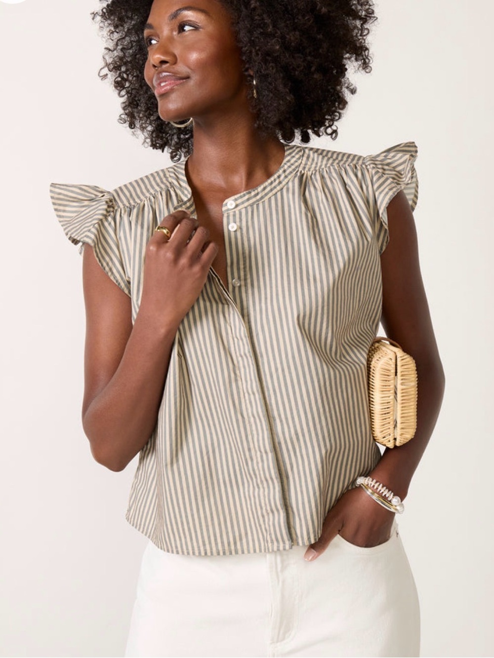 Evereve Olive and Cream Striped Ruffle-Sleeve Blouse